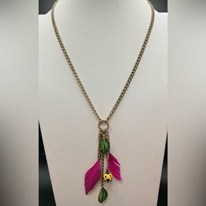 VINTAGE BETSEY JOHNSON GOLDTONE PINK FEATHER LEAF YELLOW LADYBUG LARIAT NECKLACE